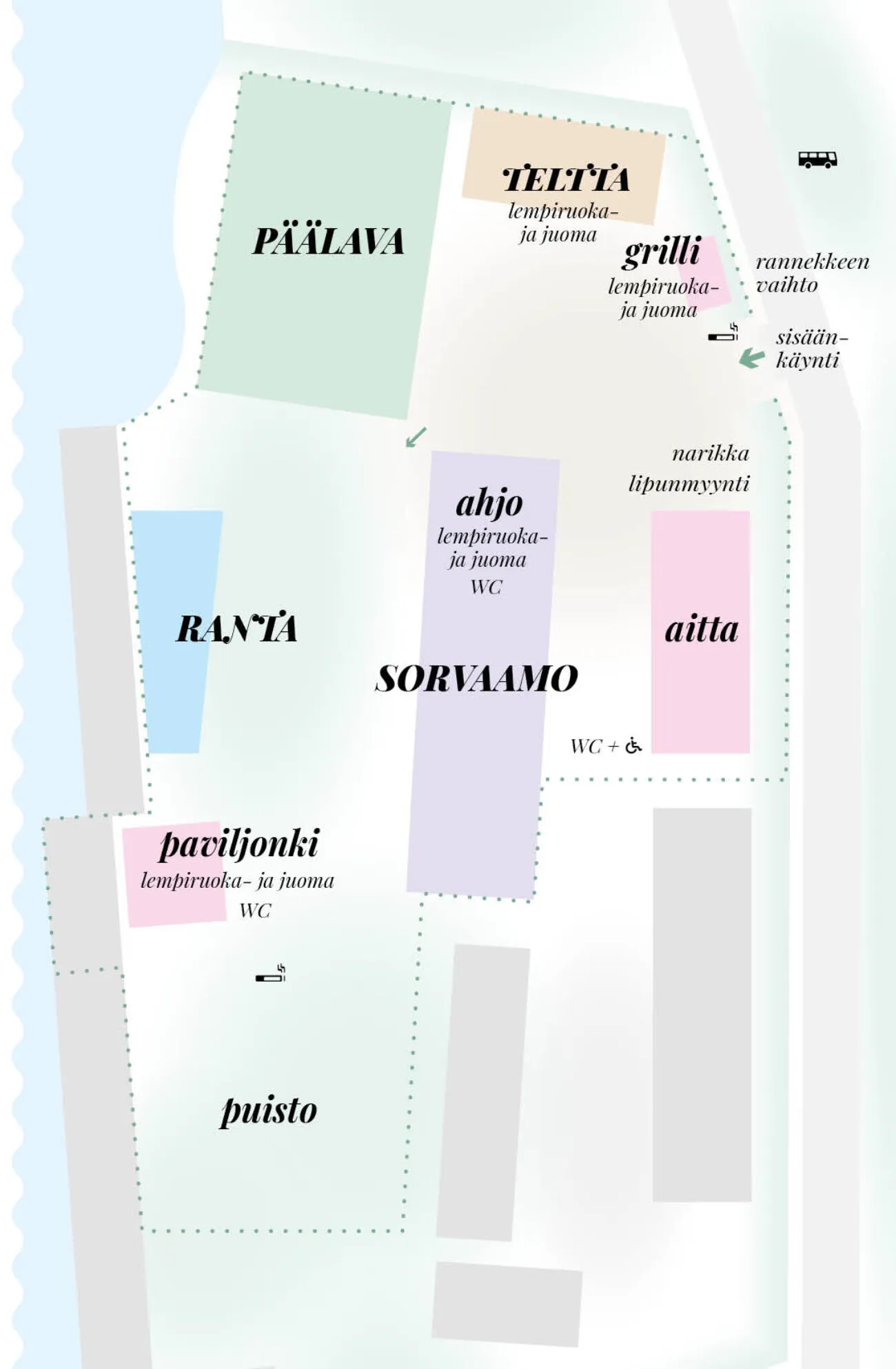 Kartta sorvamon alueesta, jossa on merkitty eri tilat kuten päälava, grillipaikka, aita, ja puisto sekä palvelut kuten WC.