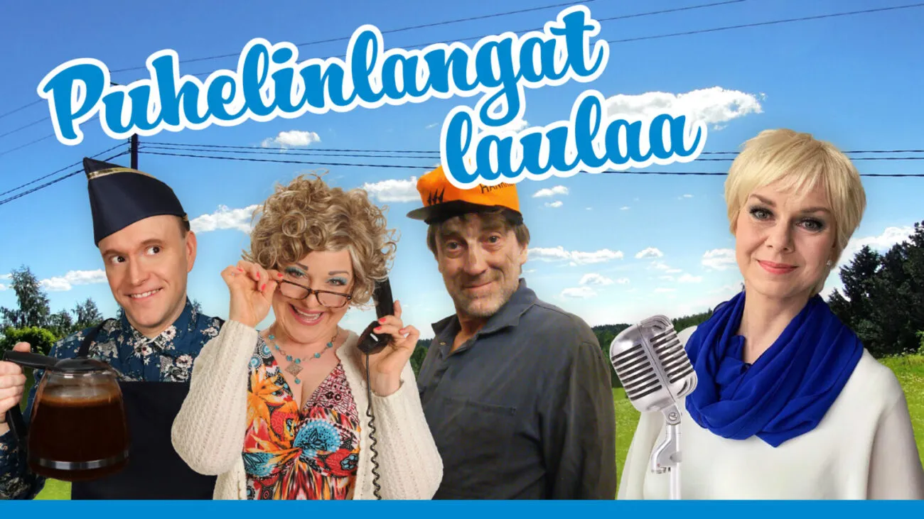 Puhelinlangat laulaa -televisiosarjan neljä päähenkilöä seisovat kesäisessä maisemassa, taustalla kirkas taivas ja puhelinlinjat.