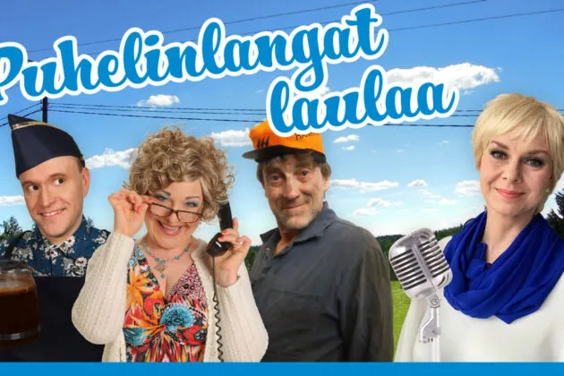 Puhelinlangat laulaa -televisiosarjan neljä päähenkilöä seisovat kesäisessä maisemassa, taustalla kirkas taivas ja puhelinlinjat.