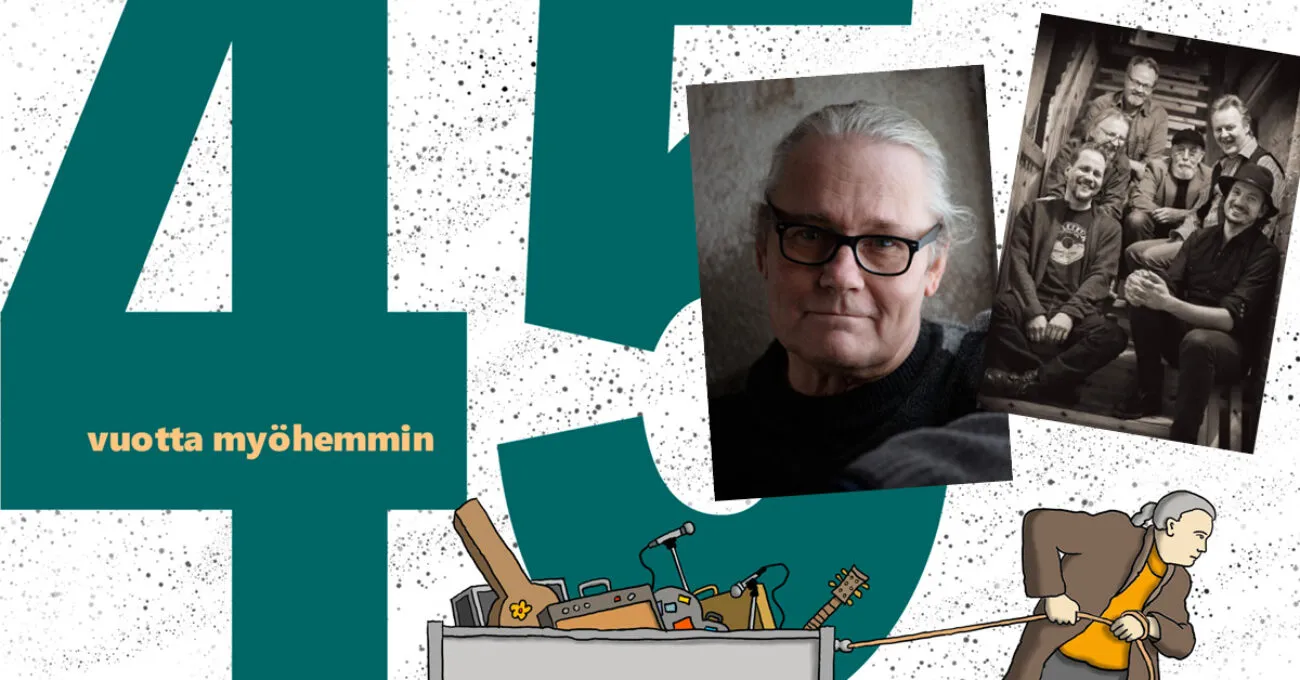 45 vuotta myöhemmin -kuvassa on valokuva vanhemmasta miehestä sekä bändin kuva, joka liittyy musiikkiteemaan ja historiaan.